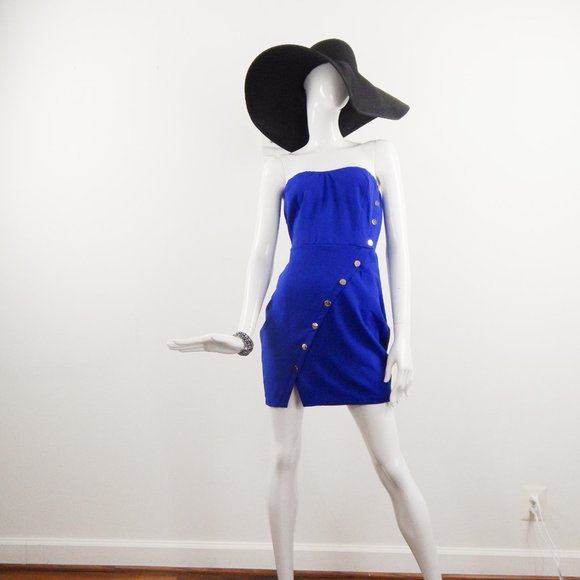 Blue Strapless party dress wrap metal buttons Mini cocktail attire - Picture 10 of 10